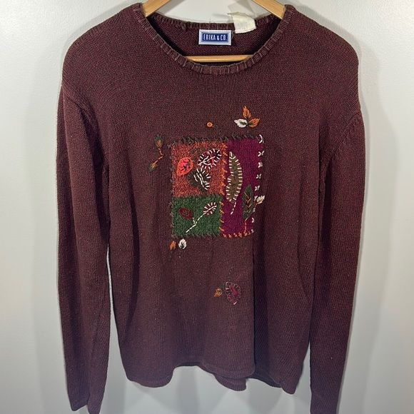 Vintage Fall Leaves Autumn Embroidered Knit Patchwork Sweater Rusty Orange - Picture 1 of 11